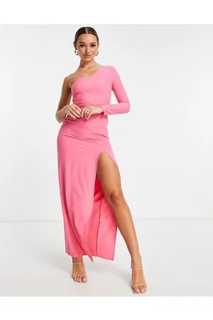 Vesper One shoulder thigh split maxi dress with exposed zip in
