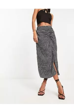 Ax Paris Ruched split front midi skirt in and white polka dot