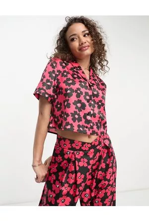 Flounce London Short sleeve cropped shirt in and black floral co-ord
