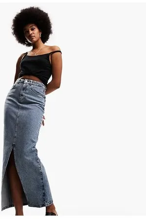 ASOS ASOS DESIGN Tall denim midi skirt with split hem in midwash