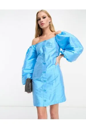River Island Satin button through puff sleeve bardot mini dress in bright