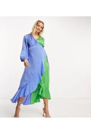 Flounce London Balloon sleeve ruffle maxi dress in contrast blue and green