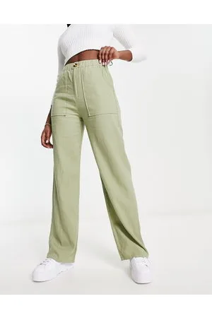 Pull&Bear Relaxed linen trouser in olive