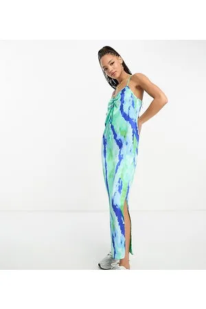 JDY Exclusive ruched satin midi dress in blue & green watercolour