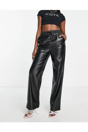 4th & Reckless Leather look straight leg trousers with deep waistband in