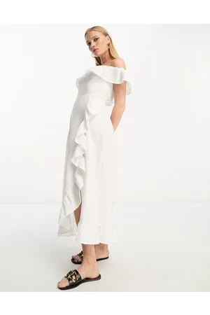 River Island Textured bardot frill midi dress in