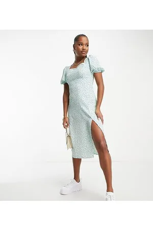 Glamorous Square neck tie back midi tea dress in mint lilac ditsy