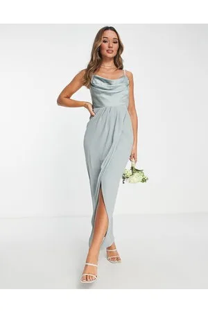 TFNC Bridesmaid draped satin maxi dress in sage