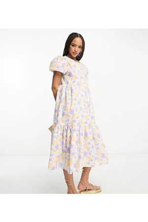 JDY Exclusive puff sleeve midi smock dress in purple & orange retro floral