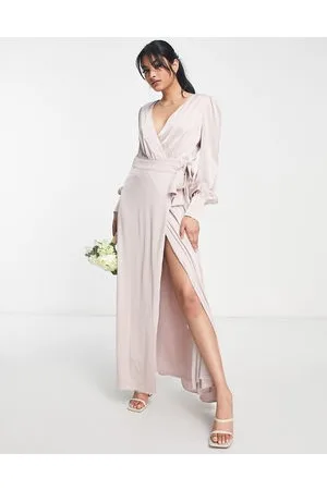 TFNC Bridesmaid long sleeve satin maxi dress in mink