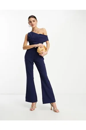 Lavish Alice Off shoulder flared jumpsuit in blue
