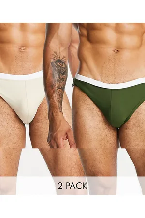 ASOS 2 pack swim briefs with contrast white tipping in dark green/beige SAVE