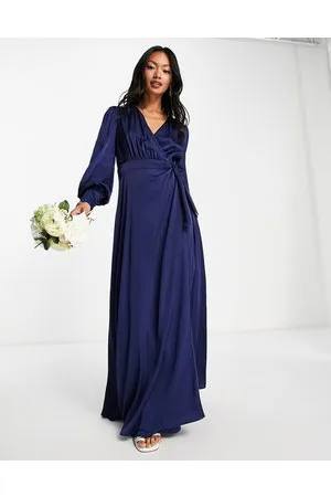 TFNC Bridesmaid long sleeve satin maxi dress in navy