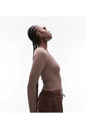 Topshop Seamless long sleeve v neck crop top in taupe