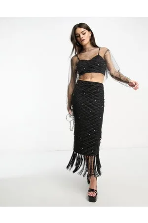 Extro & Vert Premium maxi skirt with pearl embellished layer & fringe in co-ord