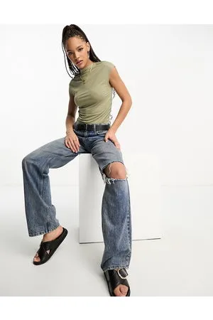 Stradivarius Slinky ruched tank top in khaki