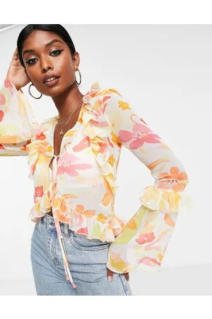 ASOS Tie front frill neck sheer blouse in print