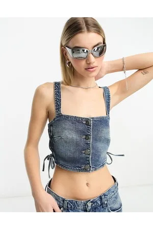 Stradivarius STR denim crop top with lace up side in washed