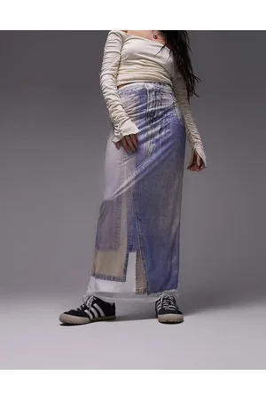 Topshop Denim print mesh midi skirt in