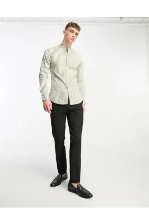 ASOS Skinny stripe shirt with grandad collar in khaki