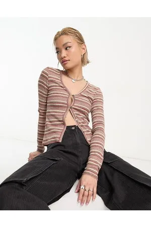 Weekday Anais knitted cardigan in Red and Khaki