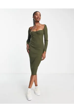 Gilli Sweetheart neckline knitted midi dress in olive
