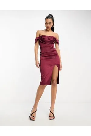 First Distraction The Label corset satin midi dress with split in wine