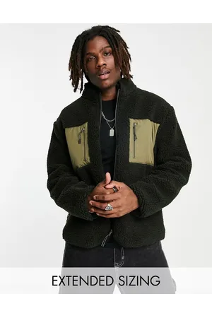 Topman Borg jacket with nylon panels in khaki