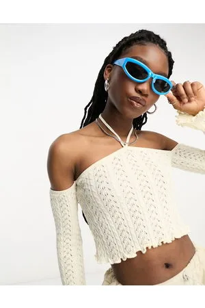 Stradivarius STR halter neck top with cold shoulder in ecru