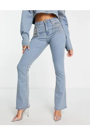 FAE High waist flared jeans with diamante fringe in washed