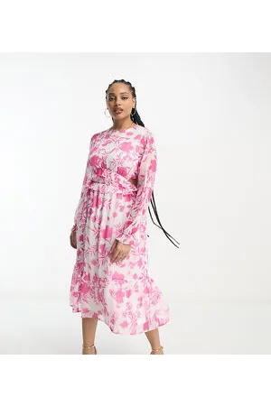 In The Style Chiffon side cut out tiered midi dress in pink floral