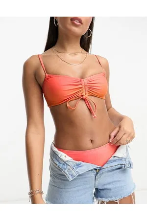 In The Style Ruched tie front bikini top co-ord in ombre tie dye