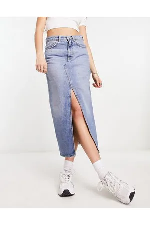 MANGO Denim split front midi skirt in