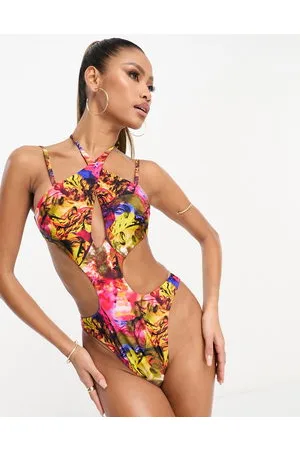 ASOS Cross neck cut out swimsuit in vibrant abstract graphic print