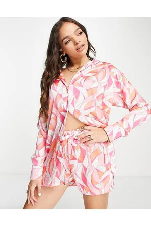 John Zack Satin shirt in bright pink print co-ord