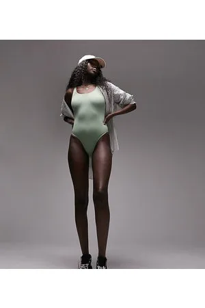Topshop Rib scoop back swimsuit in khaki