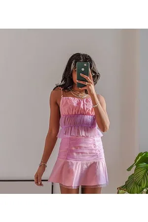 Labelrail X Pose and Repeat tie shoulder ruched cami top with diamante heart in lilac and pink mesh