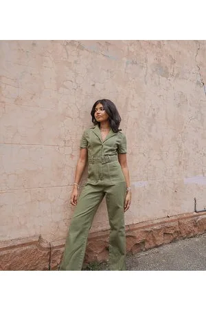 Labelrail X Pose and Repeat belted boiler suit in forest with pink contrast stitch