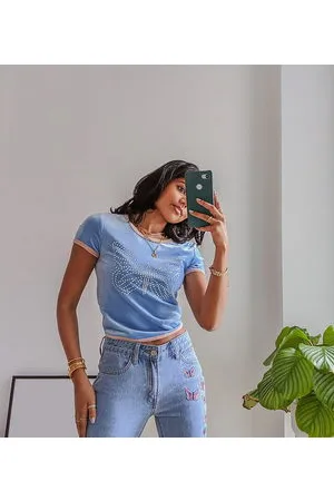 Labelrail X Pose and Repeat baby ringer tee with diamante butterfly in blue velvet