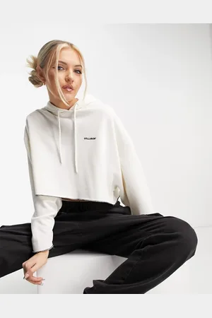 COLLUSION Branded cropped hoodie in ecru
