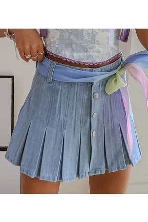Labelrail X Pose and Repeat pleated mini skirt in washed denim with pastel organza scarf belt