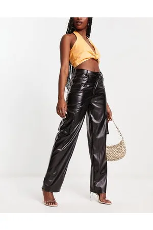 Kaiia Leather look cargo trouser with asymmetric waistband in