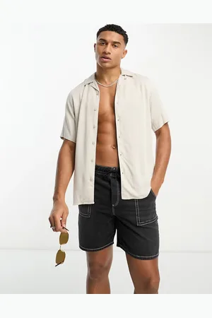 Only & Sons Short sleeve viscose shirt with revere collar in beige