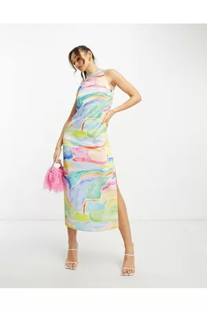ASOS Dame Bodycon kjoler - Sleeveless satin midi slip dress in watercolour print