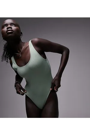 Topshop Rib scoop back swimsuit in khaki