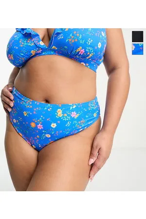 Simply Be 2 pack high leg bikini bottoms in black and blue floral