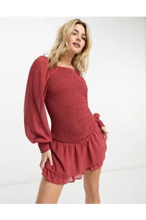 Gilli Ruched puff sleeve mini dress in rust