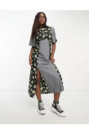 Influence Flutter sleeve midi tea dress in mixed gingham floral print