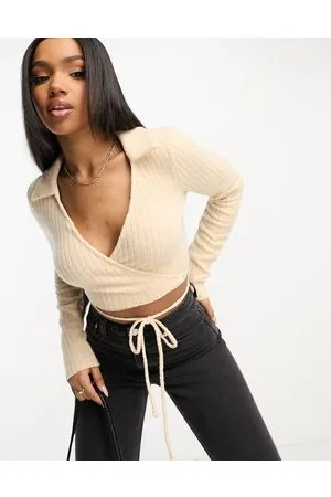 Gilli Collared wrap tie back top in peach