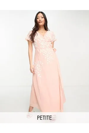 Maya Wrap midaxi dress with contrast embroidery in peach